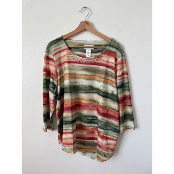 New - Women's - Alfred Dunner Watercolor Stripe Tee – Olive Multi – XL - Picture 2 of 5